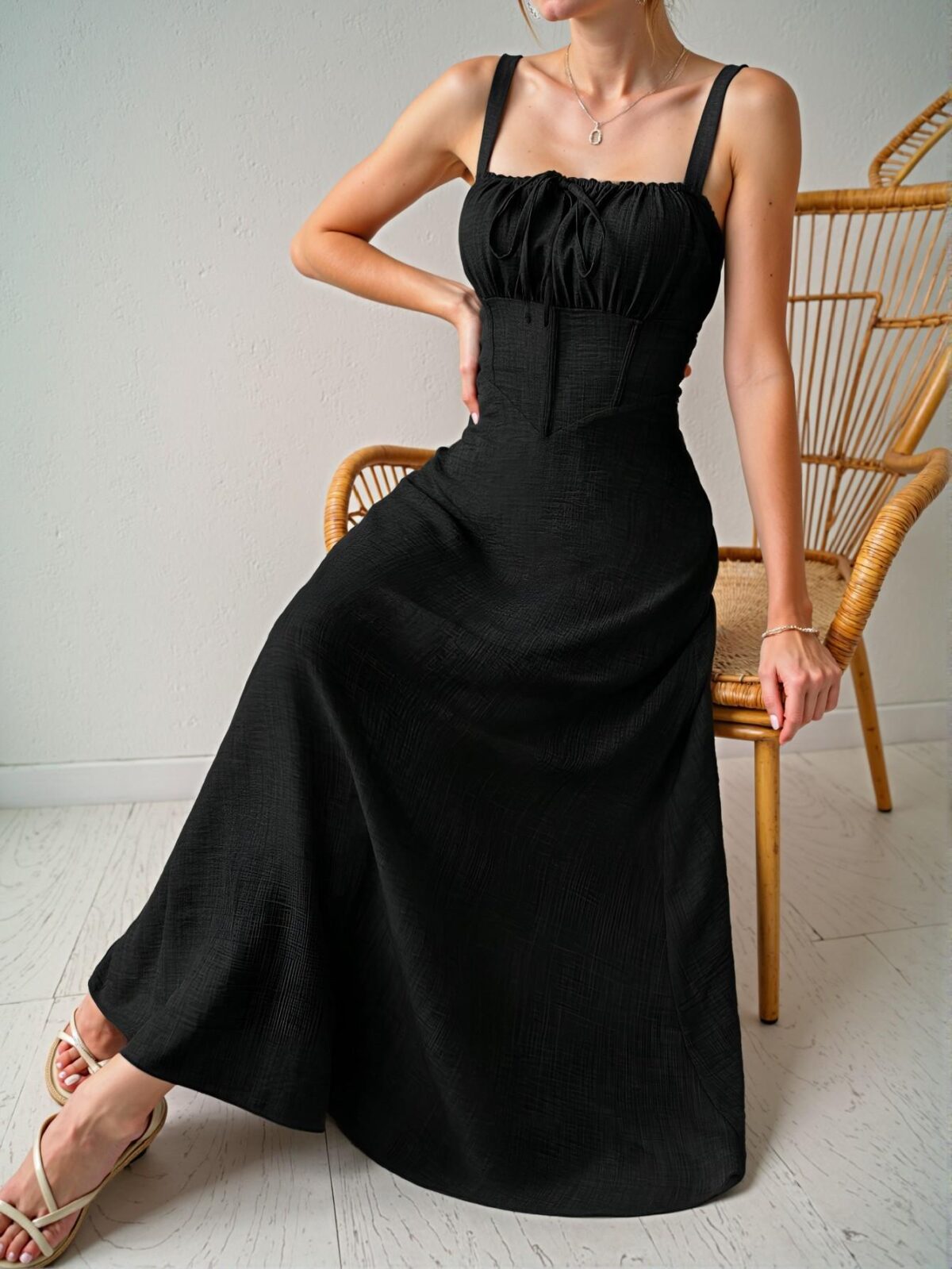 Elegant Black Maxi Cami Dress with Cinched Waist Design for Vacation, Chic, Classy and Trendy Fashion Style to Dress to Impress - Image 5