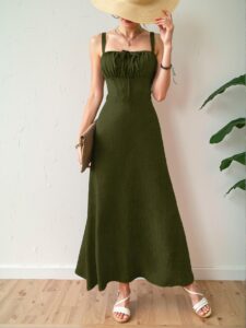 Elegant Green Chic Sleeveless Midi Dress with Drawstring Waist for Summer Beach Vacations - Chic, Classy and Trendy Fashion Style to Dress to Impress