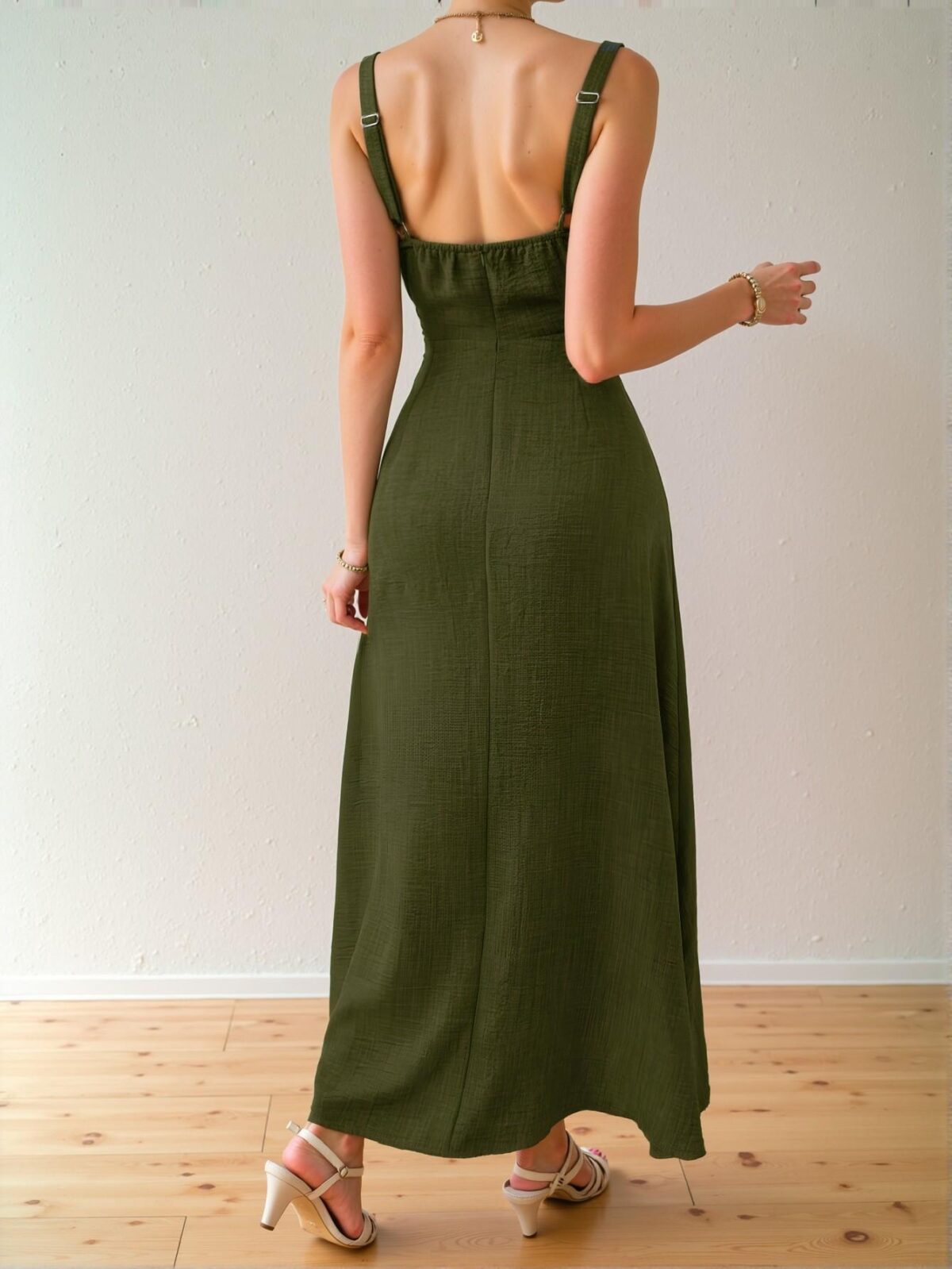 Elegant Green Chic Sleeveless Midi Dress with Drawstring Waist for Summer Beach Vacations - Chic, Classy and Trendy Fashion Style to Dress to Impress - Image 2