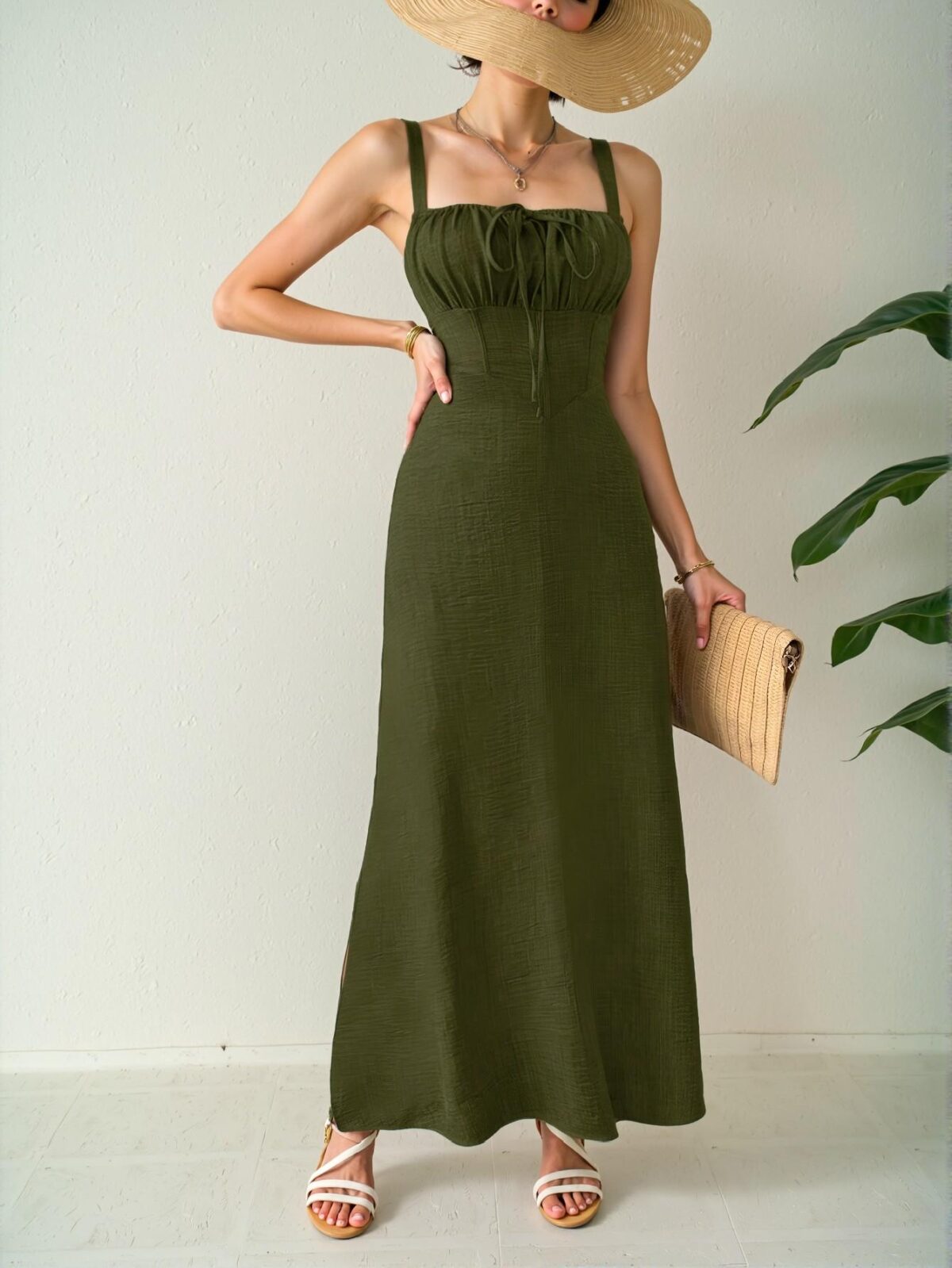 Elegant Green Chic Sleeveless Midi Dress with Drawstring Waist for Summer Beach Vacations - Chic, Classy and Trendy Fashion Style to Dress to Impress - Image 3
