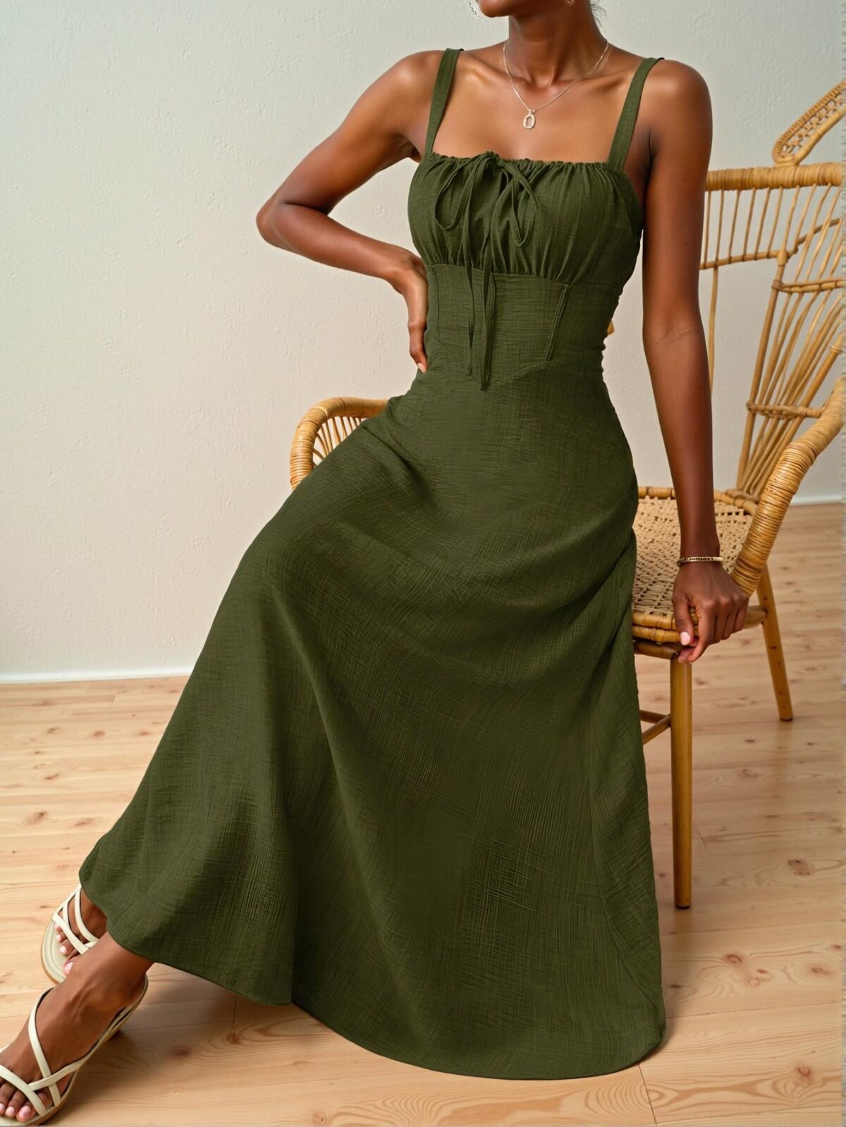 Elegant Green Chic Sleeveless Midi Dress with Drawstring Waist for Summer Beach Vacations - Chic, Classy and Trendy Fashion Style to Dress to Impress - Image 4