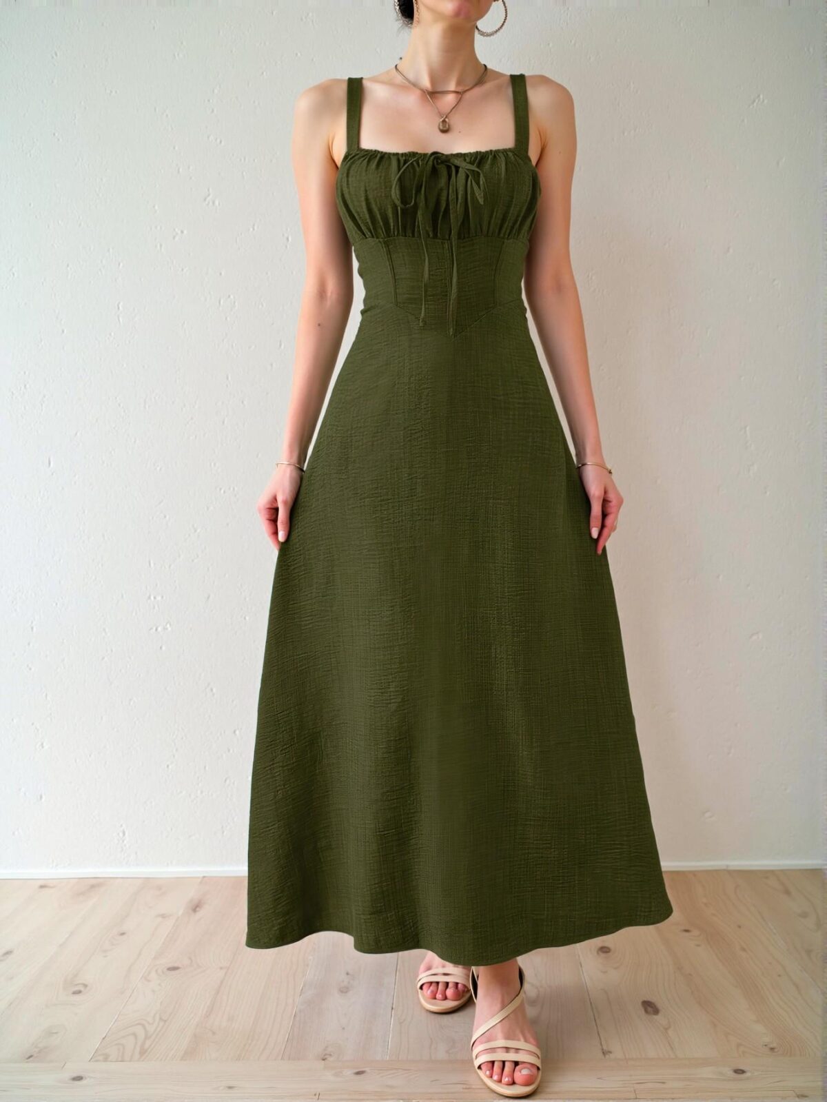 Elegant Green Chic Sleeveless Midi Dress with Drawstring Waist for Summer Beach Vacations - Chic, Classy and Trendy Fashion Style to Dress to Impress - Image 5