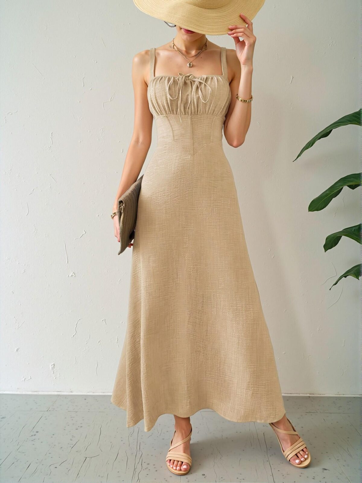 Elegant Khaki Sleeveless Midi Dress with Drawstring Waist for Summer Beach Getaways, Chic, Classy and Trendy Fashion Style to Dress to Impress