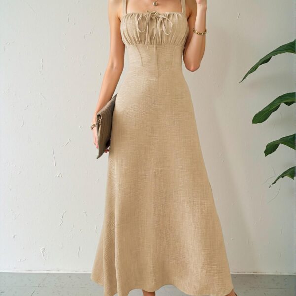 Elegant Khaki Sleeveless Midi Dress with Drawstring Waist for Summer Beach Getaways, Chic, Classy and Trendy Fashion Style to Dress to Impress