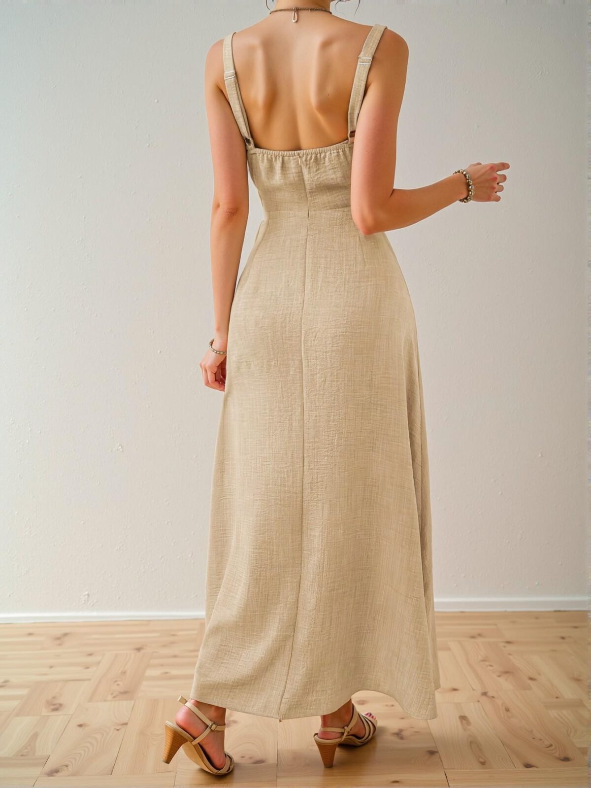Elegant Khaki Sleeveless Midi Dress with Drawstring Waist for Summer Beach Getaways, Chic, Classy and Trendy Fashion Style to Dress to Impress - Image 2