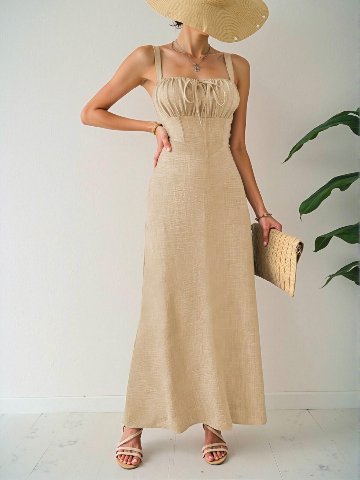 Elegant Khaki Sleeveless Midi Dress with Drawstring Waist for Summer Beach Getaways, Chic, Classy and Trendy Fashion Style to Dress to Impress - Image 3