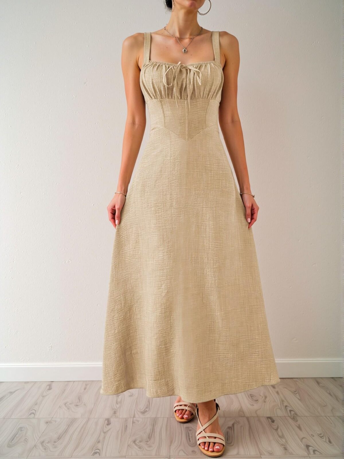 Elegant Khaki Sleeveless Midi Dress with Drawstring Waist for Summer Beach Getaways, Chic, Classy and Trendy Fashion Style to Dress to Impress - Image 4