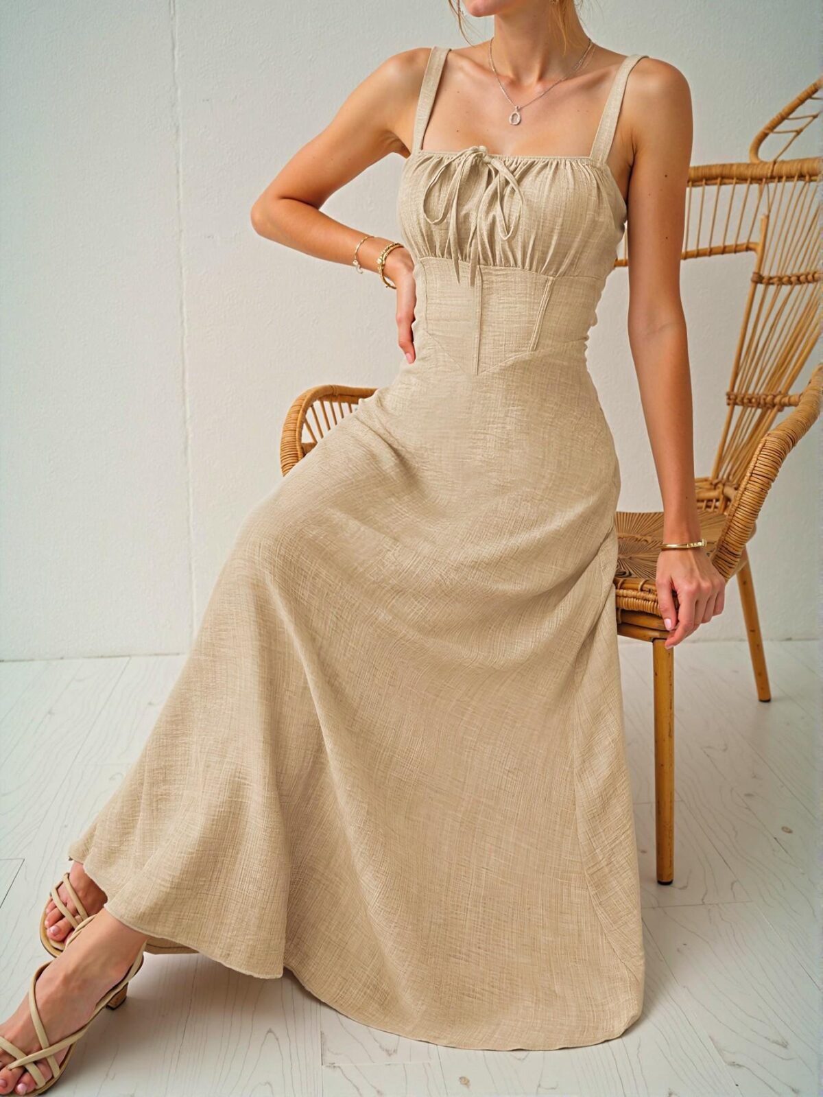 Elegant Khaki Sleeveless Midi Dress with Drawstring Waist for Summer Beach Getaways, Chic, Classy and Trendy Fashion Style to Dress to Impress - Image 5