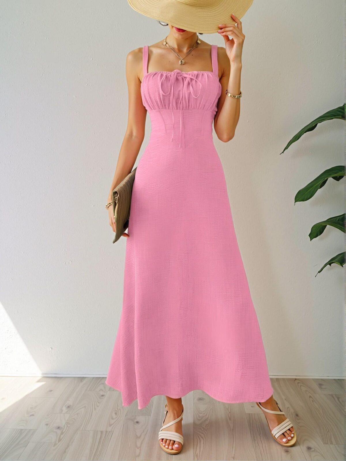 Elegant Pink Stylish Solid Color Sleeveless Midi Dress with Drawstring Waist for Summertime Vacation Beach Wear - Chic, Classy and Trendy Fashion Style to Dress to Impress