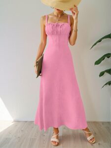 Elegant Pink Stylish Solid Color Sleeveless Midi Dress with Drawstring Waist for Summertime Vacation Beach Wear - Chic, Classy and Trendy Fashion Style to Dress to Impress