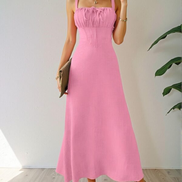 Elegant Pink Stylish Solid Color Sleeveless Midi Dress with Drawstring Waist for Summertime Vacation Beach Wear - Chic, Classy and Trendy Fashion Style to Dress to Impress