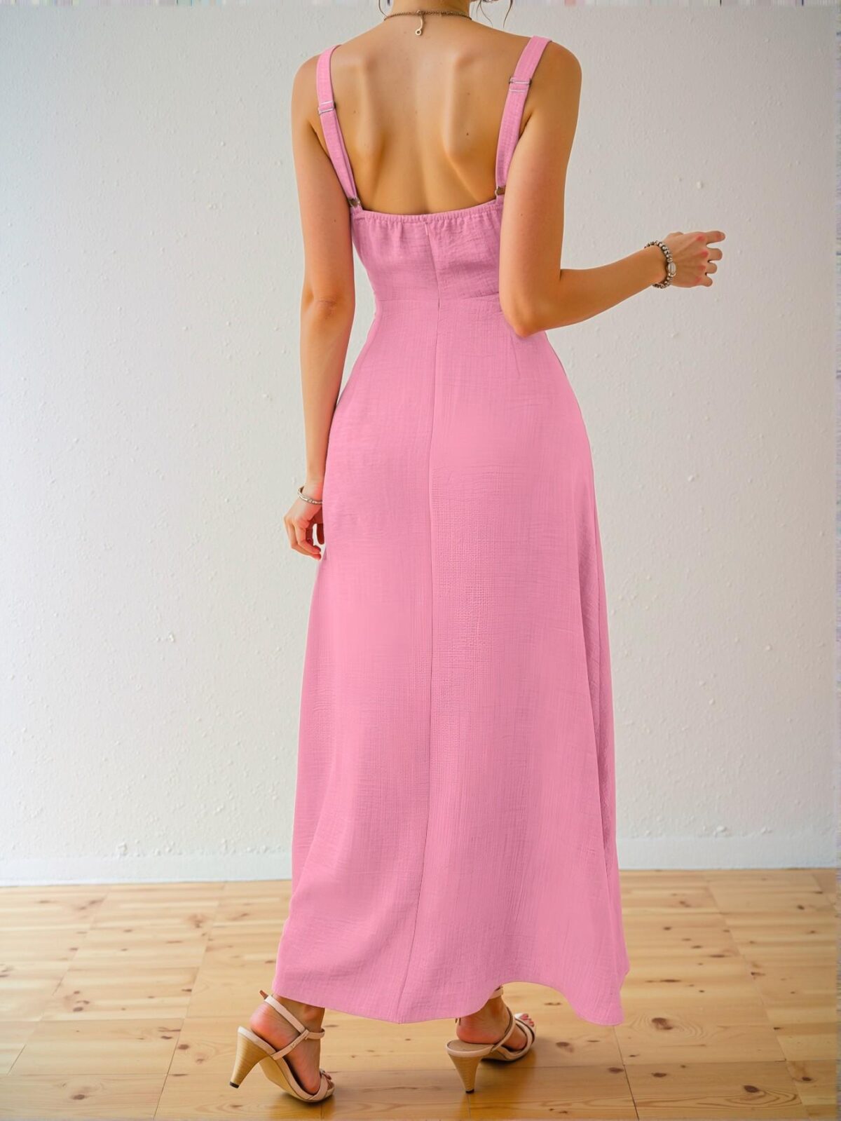 Elegant Pink Stylish Solid Color Sleeveless Midi Dress with Drawstring Waist for Summertime Vacation Beach Wear - Chic, Classy and Trendy Fashion Style to Dress to Impress - Image 2