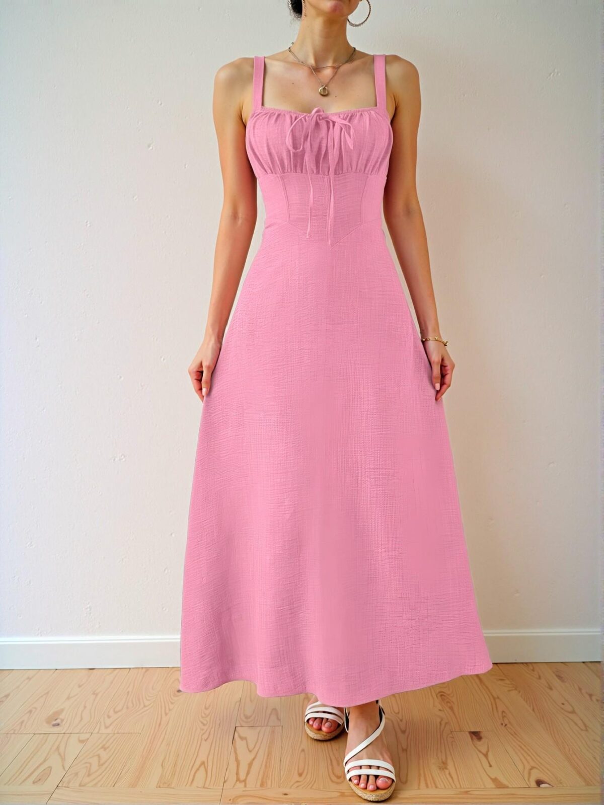 Elegant Pink Stylish Solid Color Sleeveless Midi Dress with Drawstring Waist for Summertime Vacation Beach Wear - Chic, Classy and Trendy Fashion Style to Dress to Impress - Image 3