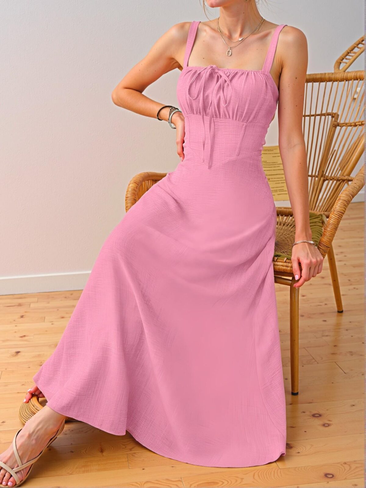 Elegant Pink Stylish Solid Color Sleeveless Midi Dress with Drawstring Waist for Summertime Vacation Beach Wear - Chic, Classy and Trendy Fashion Style to Dress to Impress - Image 4