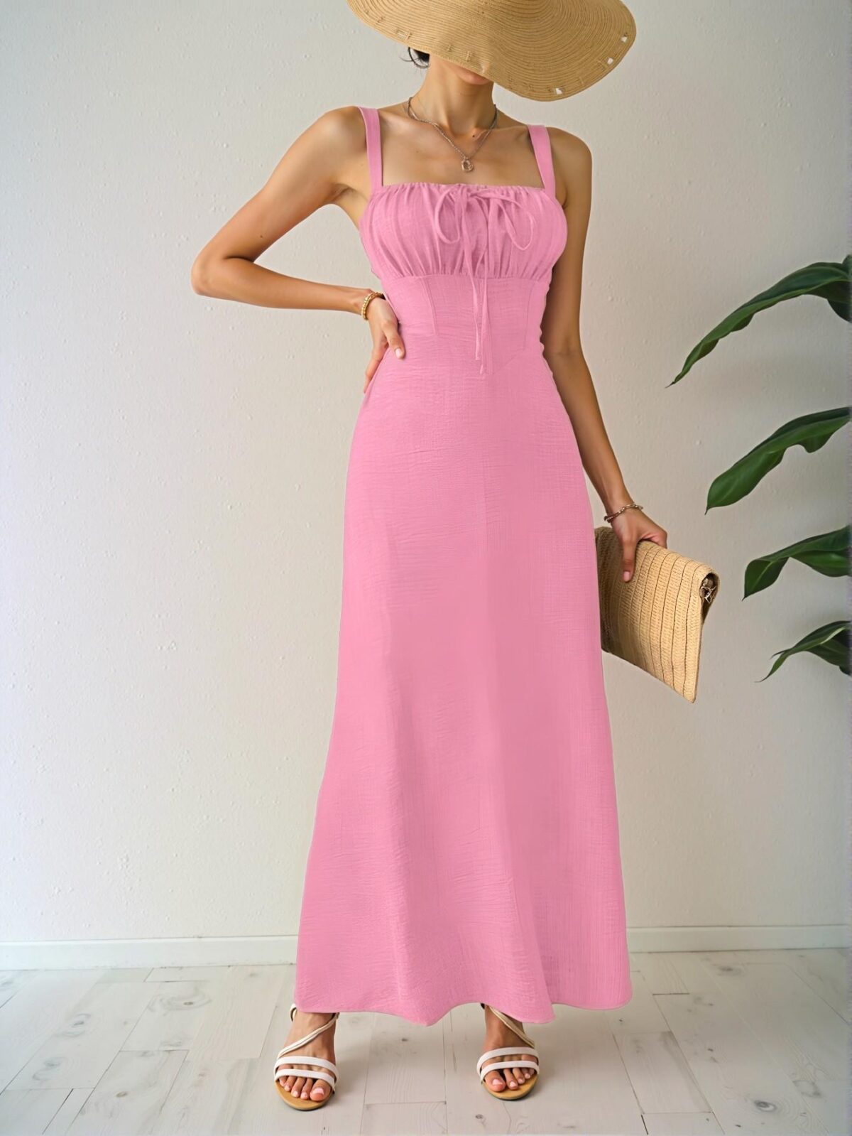 Elegant Pink Stylish Solid Color Sleeveless Midi Dress with Drawstring Waist for Summertime Vacation Beach Wear - Chic, Classy and Trendy Fashion Style to Dress to Impress - Image 5