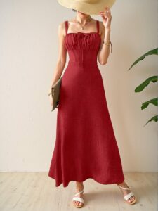 Elegant Red Sophisticated Sleeveless Midi Dress With Adjustable Drawstring for Summer Vacation and Beach Days - Chic, Classy and Trendy Fashion Style to Dress to Impress