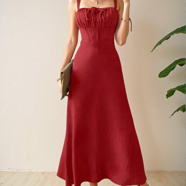 Elegant Red Sophisticated Sleeveless Midi Dress With Adjustable Drawstring for Summer Vacation and Beach Days - Chic, Classy and Trendy Fashion Style to Dress to Impress