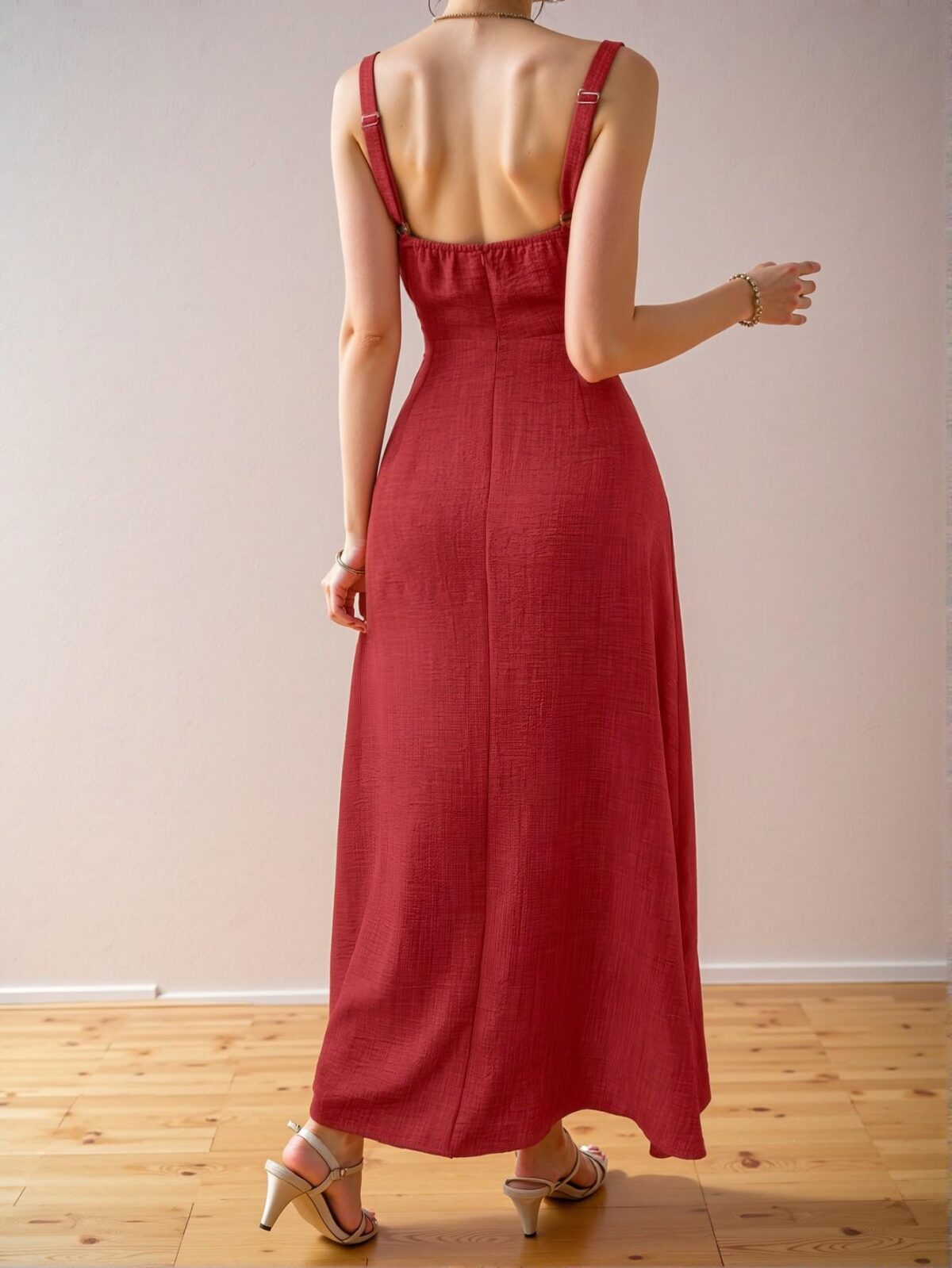 Elegant Red Sophisticated Sleeveless Midi Dress With Adjustable Drawstring for Summer Vacation and Beach Days - Chic, Classy and Trendy Fashion Style to Dress to Impress - Image 2