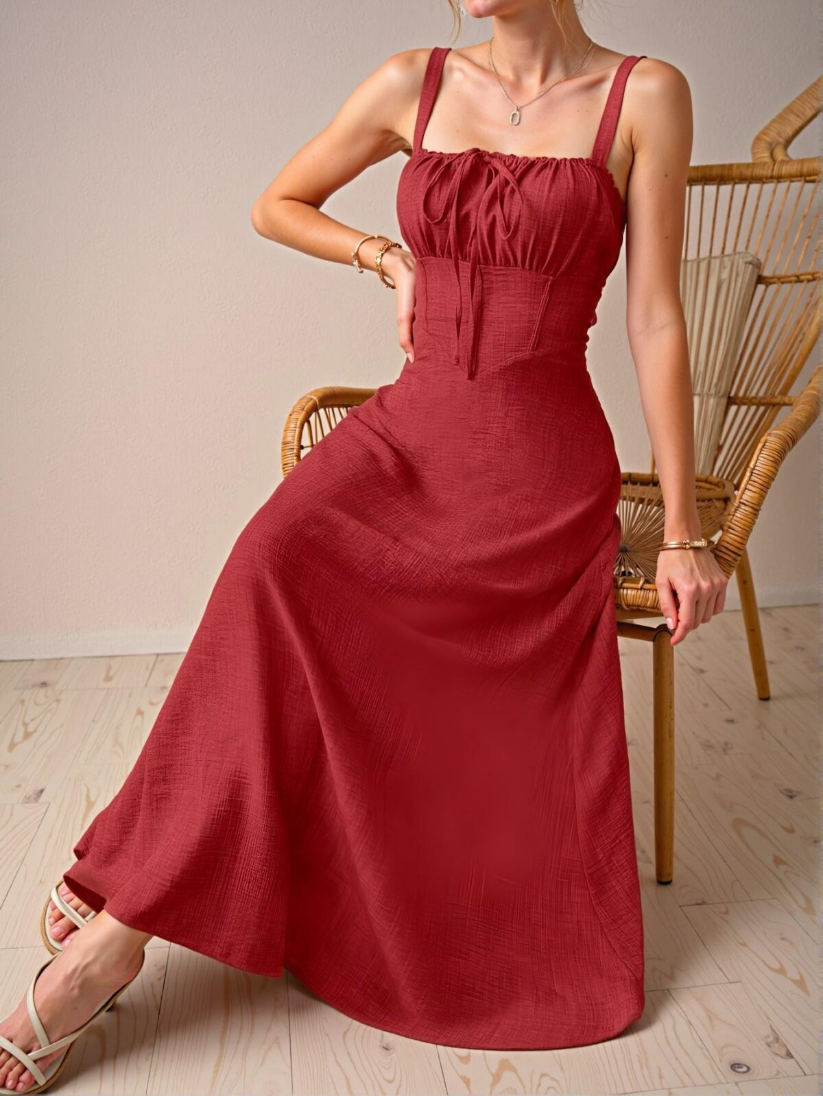 Elegant Red Sophisticated Sleeveless Midi Dress With Adjustable Drawstring for Summer Vacation and Beach Days - Chic, Classy and Trendy Fashion Style to Dress to Impress - Image 4
