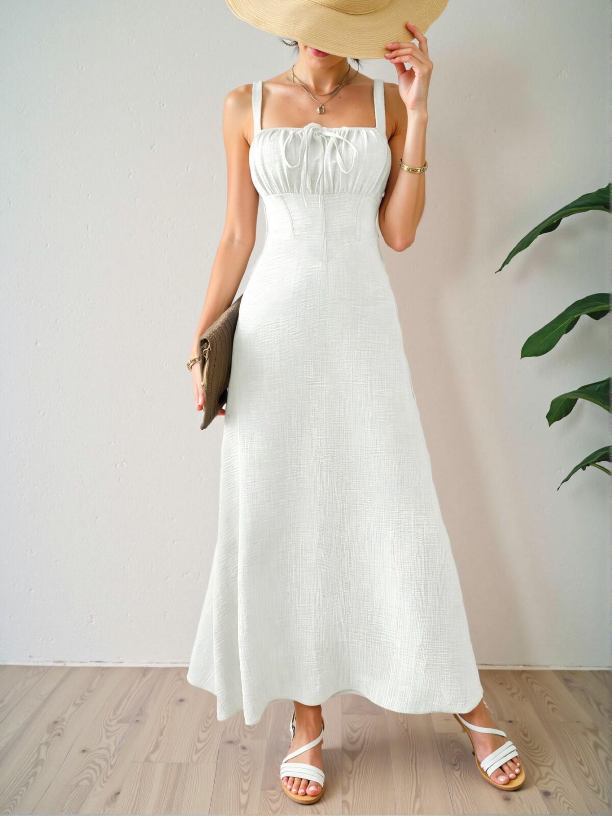 Elegant White Sleeveless Midi Dress with Drawstring Waist for Summer Vacations and Beach Outings – Chic, Classy and Trendy Fashion Style to Dress to Impress