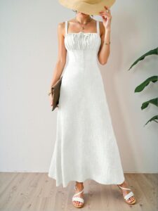 Elegant White Sleeveless Midi Dress with Drawstring Waist for Summer Vacations and Beach Outings – Chic, Classy and Trendy Fashion Style to Dress to Impress