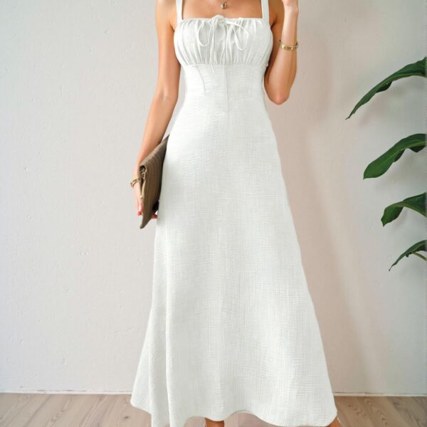 Elegant White Sleeveless Midi Dress with Drawstring Waist for Summer Vacations and Beach Outings – Chic, Classy and Trendy Fashion Style to Dress to Impress