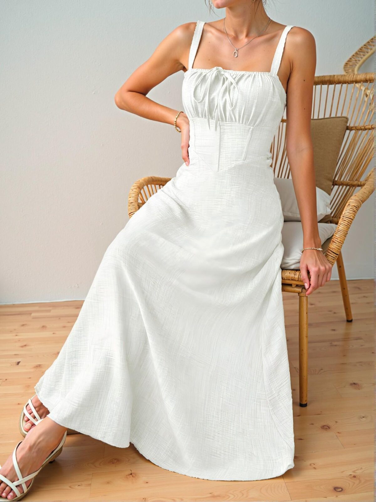 Elegant White Sleeveless Midi Dress with Drawstring Waist for Summer Vacations and Beach Outings – Chic, Classy and Trendy Fashion Style to Dress to Impress - Image 3