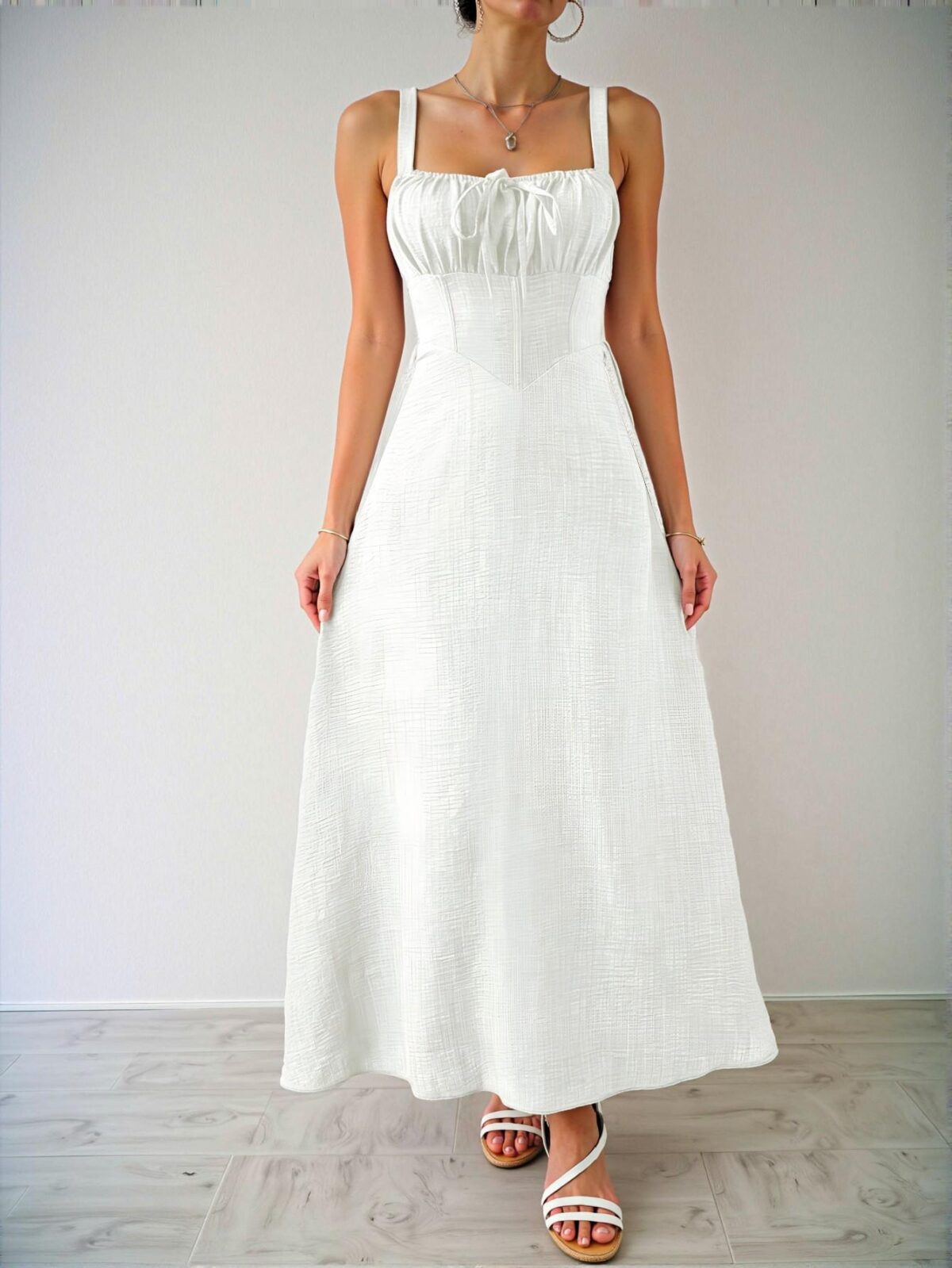 Elegant White Sleeveless Midi Dress with Drawstring Waist for Summer Vacations and Beach Outings – Chic, Classy and Trendy Fashion Style to Dress to Impress - Image 4