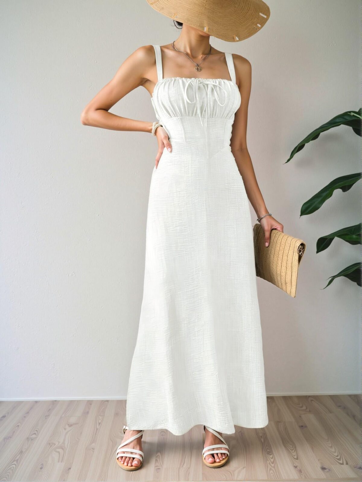 Elegant White Sleeveless Midi Dress with Drawstring Waist for Summer Vacations and Beach Outings – Chic, Classy and Trendy Fashion Style to Dress to Impress - Image 5