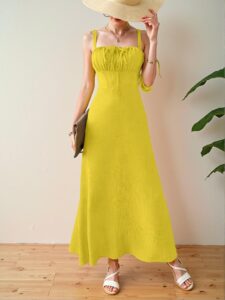 Elegant Yellow Stylish Sleeveless Midi Dress with Drawstring Waist for Summer Beach Getaways - Chic, Classy and Trendy Fashion Style to Dress to Impress