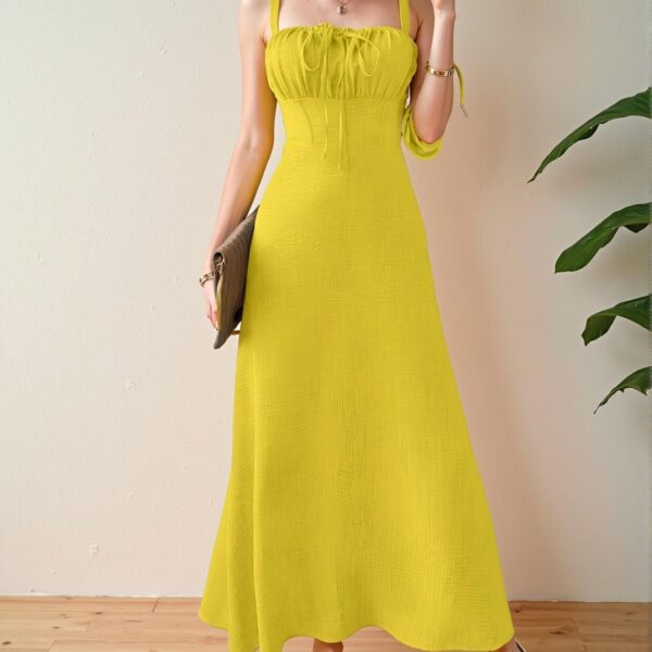 Elegant Yellow Stylish Sleeveless Midi Dress with Drawstring Waist for Summer Beach Getaways - Chic, Classy and Trendy Fashion Style to Dress to Impress