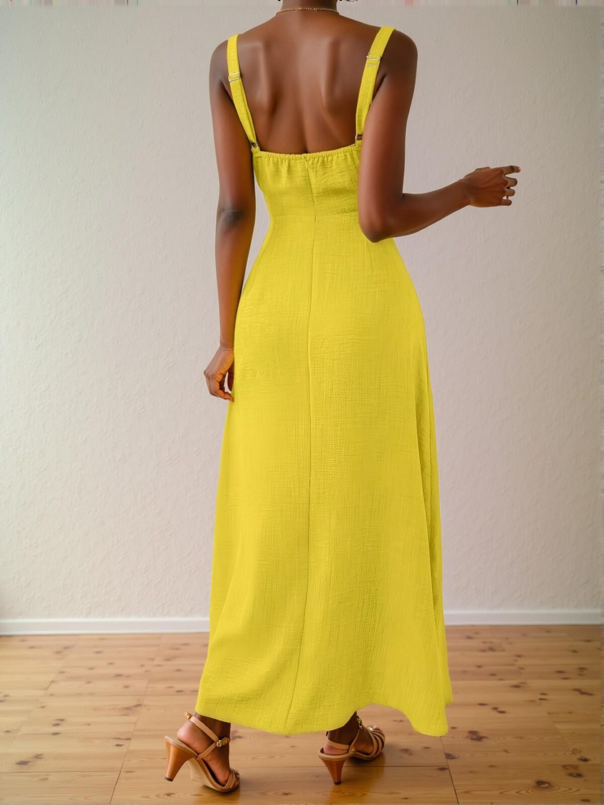 Elegant Yellow Stylish Sleeveless Midi Dress with Drawstring Waist for Summer Beach Getaways - Chic, Classy and Trendy Fashion Style to Dress to Impress - Image 2