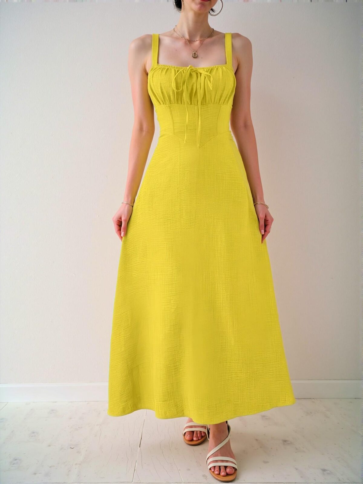 Elegant Yellow Stylish Sleeveless Midi Dress with Drawstring Waist for Summer Beach Getaways - Chic, Classy and Trendy Fashion Style to Dress to Impress - Image 3