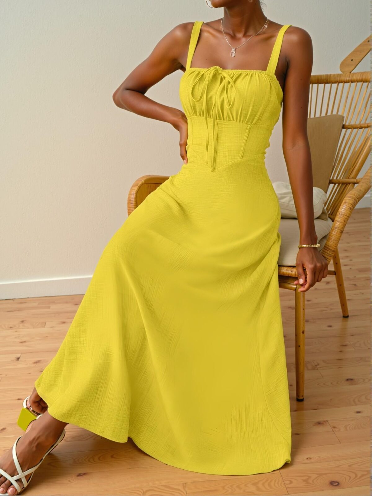 Elegant Yellow Stylish Sleeveless Midi Dress with Drawstring Waist for Summer Beach Getaways - Chic, Classy and Trendy Fashion Style to Dress to Impress - Image 4