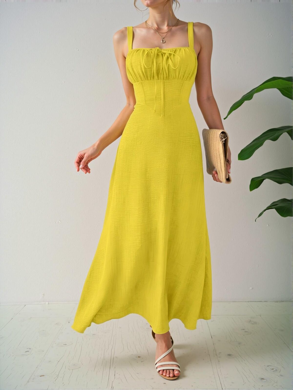 Elegant Yellow Stylish Sleeveless Midi Dress with Drawstring Waist for Summer Beach Getaways - Chic, Classy and Trendy Fashion Style to Dress to Impress - Image 5