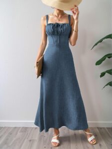 Elegant Dusty Blue Chic Sleeveless Midi Dress with Drawstring Waist for Summer Beach Getaways and Vacations - Chic, Classy and Trendy Fashion Style to Dress to Impress