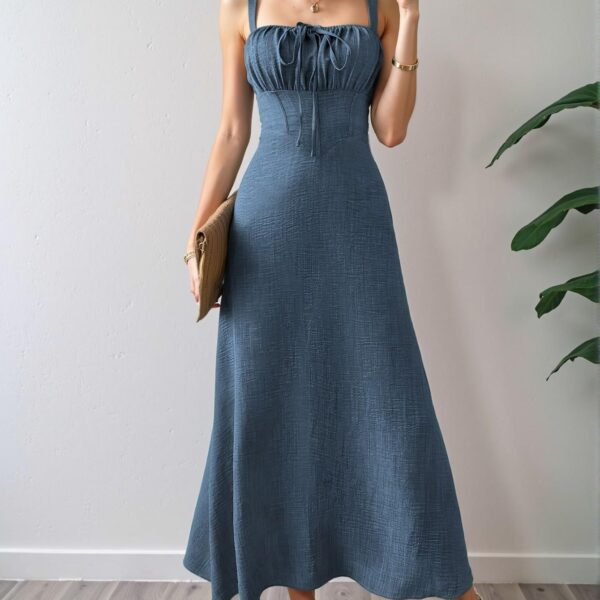 Elegant Dusty Blue Chic Sleeveless Midi Dress with Drawstring Waist for Summer Beach Getaways and Vacations - Chic, Classy and Trendy Fashion Style to Dress to Impress