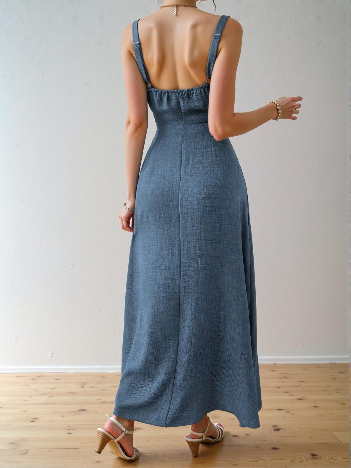 Elegant Dusty Blue Chic Sleeveless Midi Dress with Drawstring Waist for Summer Beach Getaways and Vacations - Chic, Classy and Trendy Fashion Style to Dress to Impress - Image 2