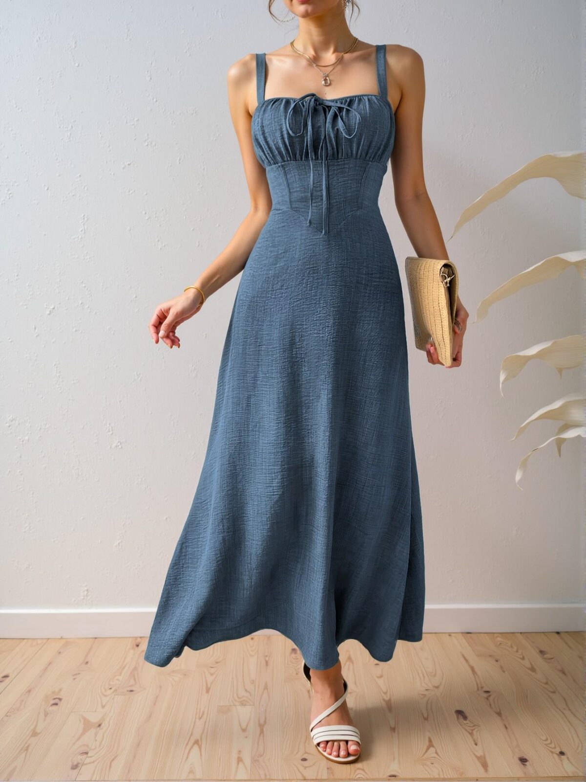 Elegant Dusty Blue Chic Sleeveless Midi Dress with Drawstring Waist for Summer Beach Getaways and Vacations - Chic, Classy and Trendy Fashion Style to Dress to Impress - Image 3