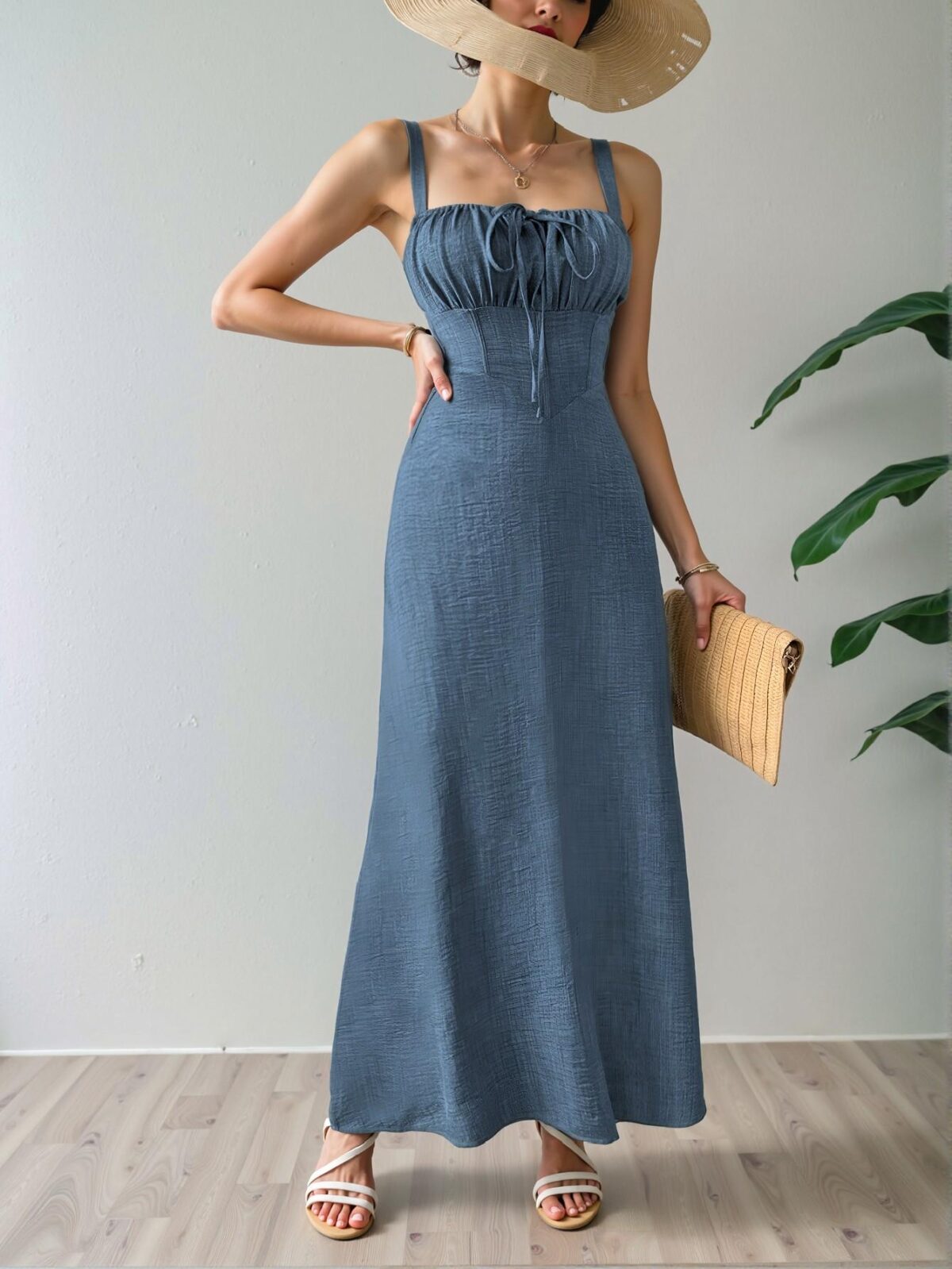 Elegant Dusty Blue Chic Sleeveless Midi Dress with Drawstring Waist for Summer Beach Getaways and Vacations - Chic, Classy and Trendy Fashion Style to Dress to Impress - Image 4