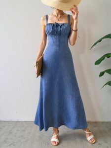 Elegant Dark Wash Pleated Bust Tie Strap Maxi Cami Dress for Tropical Getaways - Chic, Classy and Trendy Fashion Style to Dress to Impress