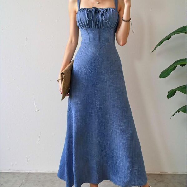 Elegant Dark Wash Pleated Bust Tie Strap Maxi Cami Dress for Tropical Getaways - Chic, Classy and Trendy Fashion Style to Dress to Impress