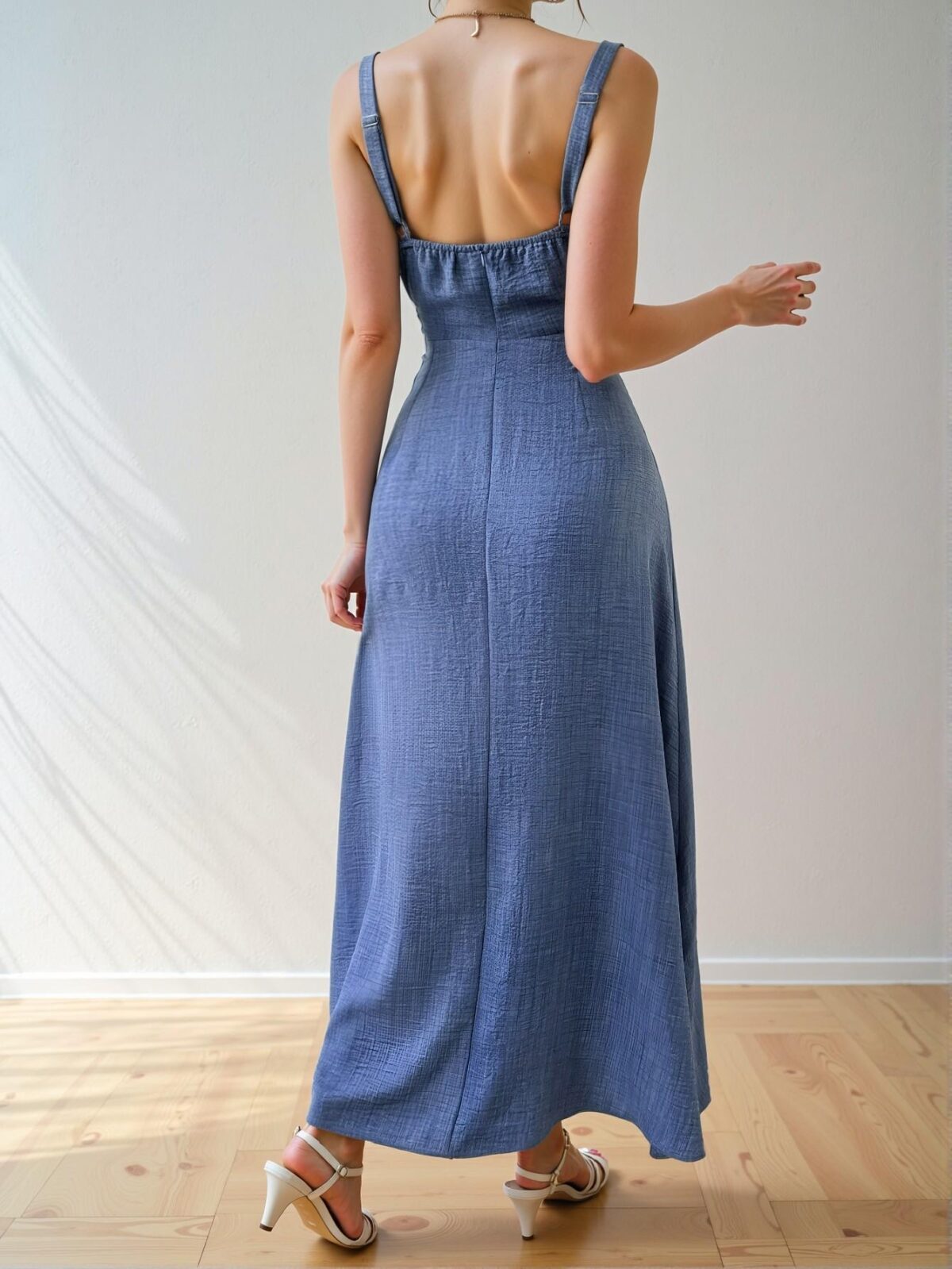 Elegant Dark Wash Pleated Bust Tie Strap Maxi Cami Dress for Tropical Getaways - Chic, Classy and Trendy Fashion Style to Dress to Impress - Image 2