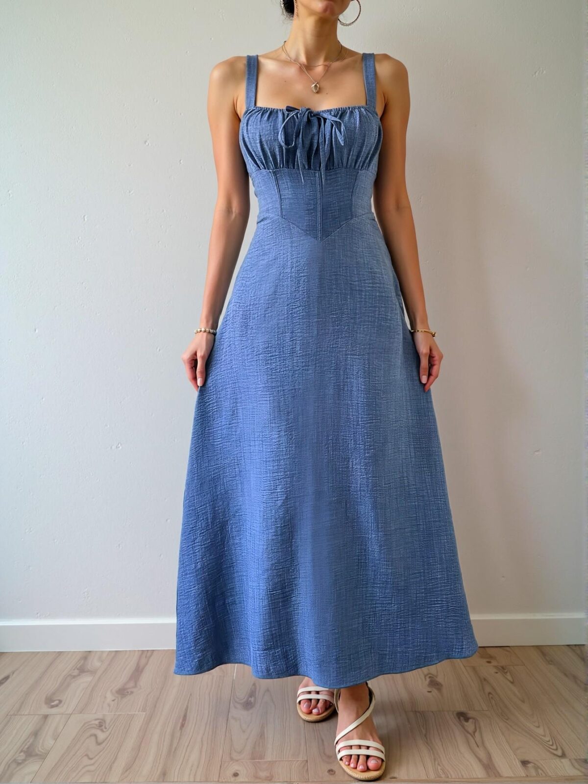 Elegant Dark Wash Pleated Bust Tie Strap Maxi Cami Dress for Tropical Getaways - Chic, Classy and Trendy Fashion Style to Dress to Impress - Image 3