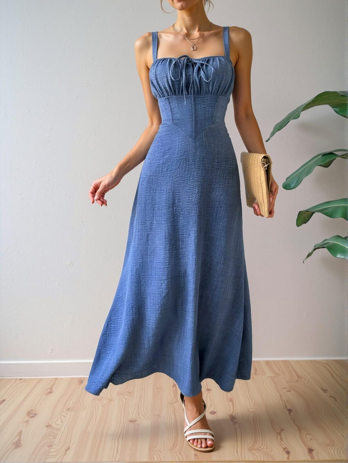 Elegant Dark Wash Pleated Bust Tie Strap Maxi Cami Dress for Tropical Getaways - Chic, Classy and Trendy Fashion Style to Dress to Impress - Image 4