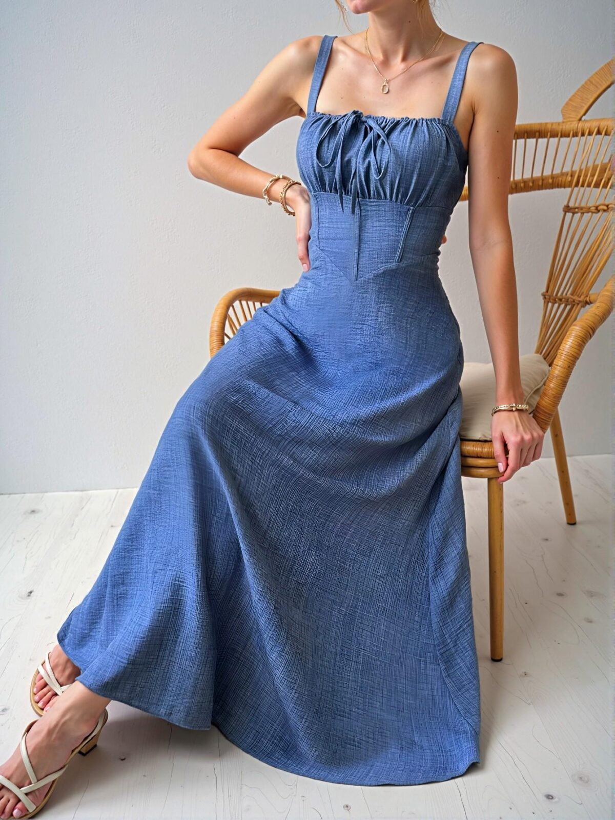 Elegant Dark Wash Pleated Bust Tie Strap Maxi Cami Dress for Tropical Getaways - Chic, Classy and Trendy Fashion Style to Dress to Impress - Image 5