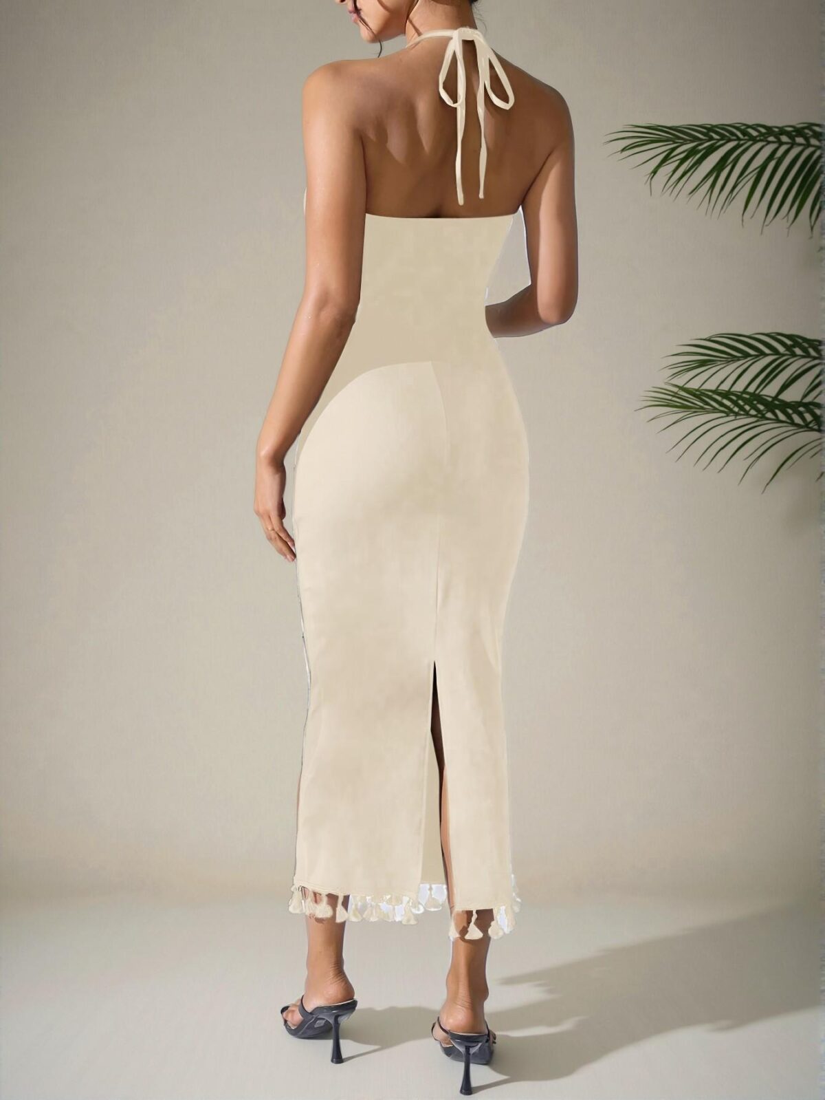 Elegant Apricot Sassy Halter Bodycon Midi Dress for Summer Vibes Chic, Classy and Trendy Fashion Style to Dress to Impress - Image 2