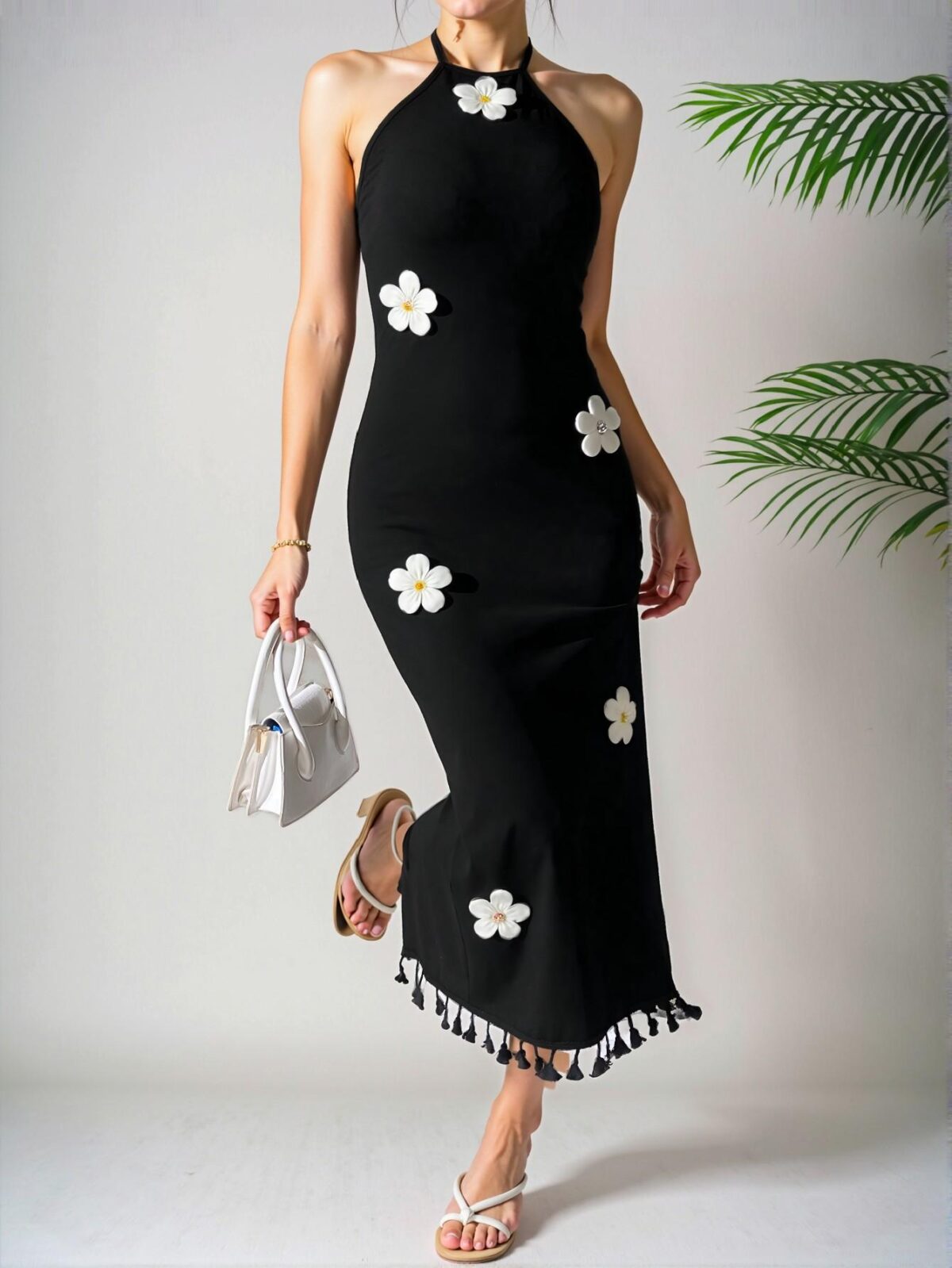 Elegant Black Floral Print Halter Neck Bodycon Vacation Dress - Chic, Classy and Trendy Fashion Style to Dress to Impress