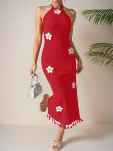 Elegant Burgundy Stylish Floral Halter Cami Midi Dress Perfect for Summer Chic, Classy and Trendy Fashion Style to Dress to Impress