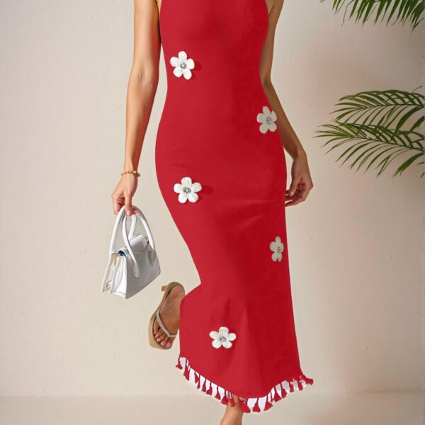 Elegant Burgundy Stylish Floral Halter Cami Midi Dress Perfect for Summer Chic, Classy and Trendy Fashion Style to Dress to Impress